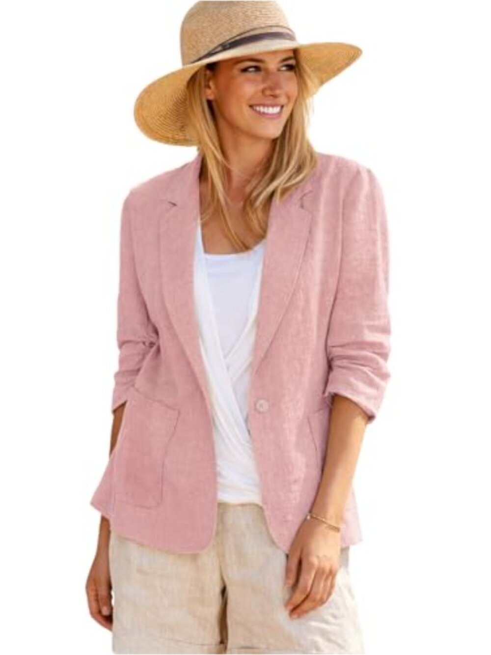 Linen Blend Blazer 3/4 Ruched Sleeve Fully Lined Business Casual Work Jacket